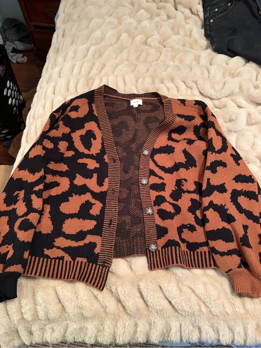 Leopard Print Open-Front Cardigan Sweater - Black & Rust